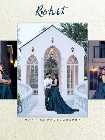 This pre-wedding album page features a couple in elegant evening wear against a charming, chapel-like backdrop. The long, flowing gown and the romantic poses create a truly cinematic feel.