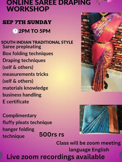 A flyer for one of my online saree draping workshops, detailing the South Indian traditional style syllabus, including pre-pleating and box folding.