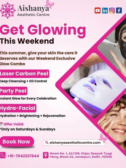 Looking for a weekend glow-up? This graphic details my weekend exclusive combo, featuring a Laser Carbon Peel, a Party Peel for instant glow, and a hydrating Hydra-Facial.