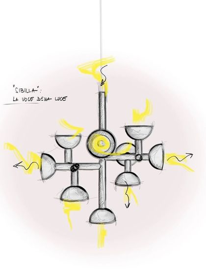 A design sketch of the Sibilla chandelier, illustrating how the light is intended to diffuse in all directions, like a "voice of light".