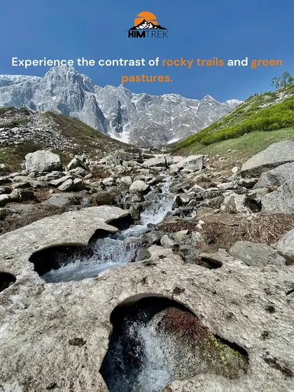 The trail to Beas Kund is a beautiful contrast of rocky paths, melting snow bridges, and lush green pastures.