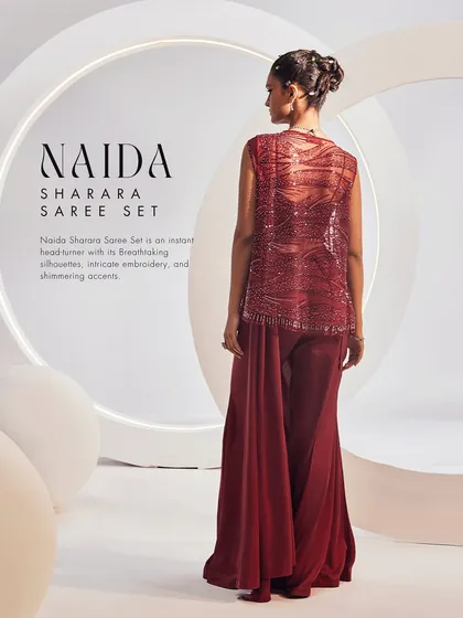 The back of the NAIDA Sharara Saree Set, highlighting the sheer, heavily embellished jacket that adds a layer of grandeur.