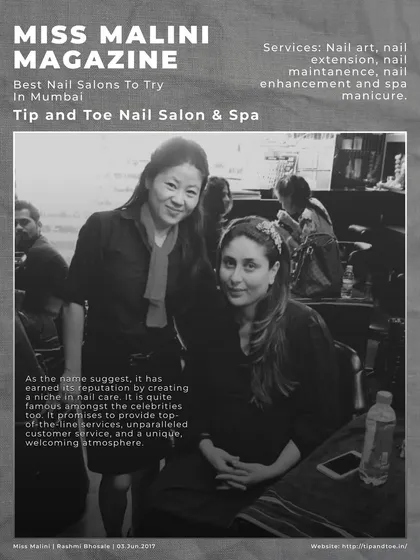 I am thrilled to be featured in Miss Malini Magazine as one of the best nail salons in Mumbai. My salon is known for its top-of-the-line services and welcoming atmosphere.