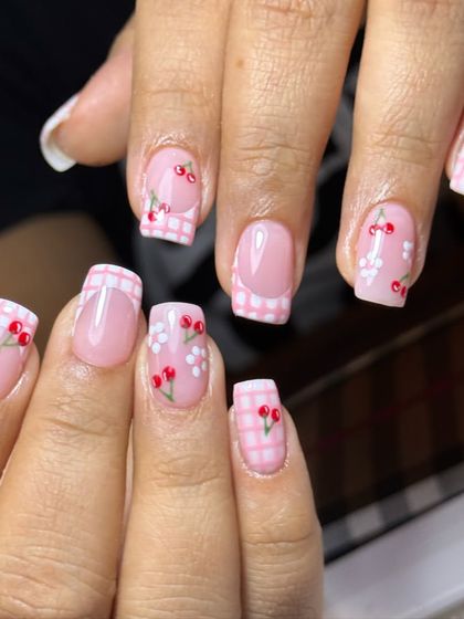 A full view of this adorable cherry and gingham set, showing how the design looks across both hands.