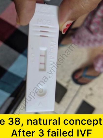 A duplicate image of the pregnancy test showing a natural conception at 38 after 3 failed IVFs. This is a story of pure hope.