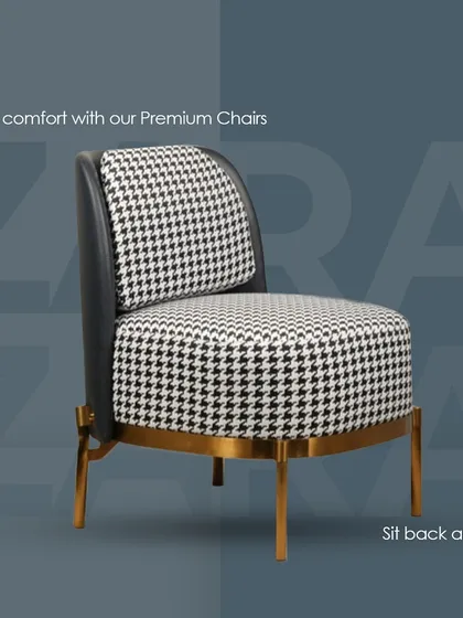 The 'Zara' chair makes a bold statement with its classic houndstooth pattern and gold-finished legs. It's a comfortable and stylish piece for a bedroom or living area.
