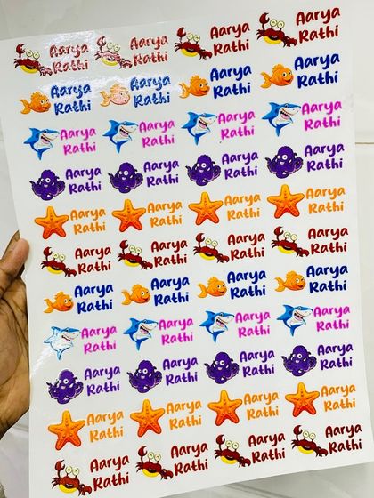 Dive into a new school year with these under-the-sea themed name stickers. This A4 sheet is filled with colorful crabs, sharks, and starfish to help Aarya Rathi keep track of her things.
