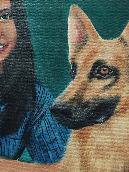 A closer look at the German Shepherd portrait, highlighting the realistic details in the fur and the gentle expression in the dog's eyes.
