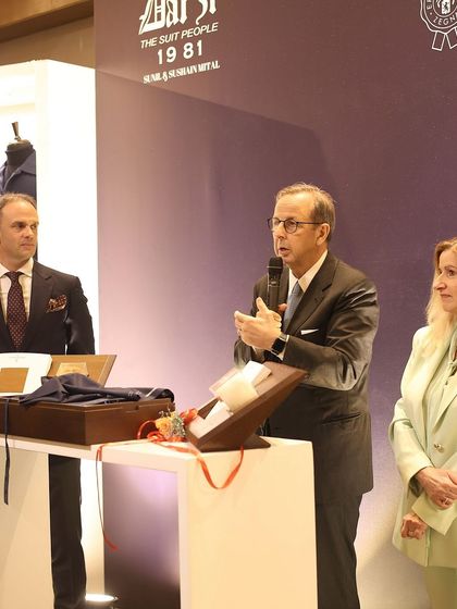 The Honorable Ambassador of Italy, Antonio Bartoli, addresses the guests at our event. His presence underscored the significance of the collaboration between Italian textile excellence and our bespoke tailoring house.