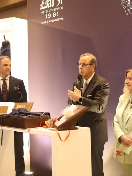 The Honorable Ambassador of Italy, Antonio Bartoli, addresses the guests at our event. His presence underscored the significance of the collaboration between Italian textile excellence and our bespoke tailoring house.