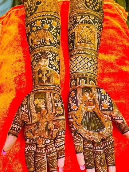 A multi-layered story with different couple portraits on the palms and forearms, each telling a different part of their journey.