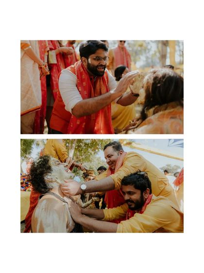 A collage showing friends enthusiastically applying haldi to the groom, capturing the fun and sometimes mischievous nature of the ceremony.