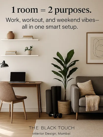 This image shows how one room can serve two purposes. We designed this space to function as both a comfortable living area and a productive home office, complete with a sleek desk and discreet storage for workout gear.