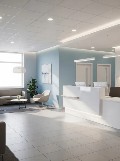 A bright and professional clinic reception with a minimalist white desk and clean, light blue walls. The space is well-lit with natural light from a large window and modern linear ceiling fixtures.