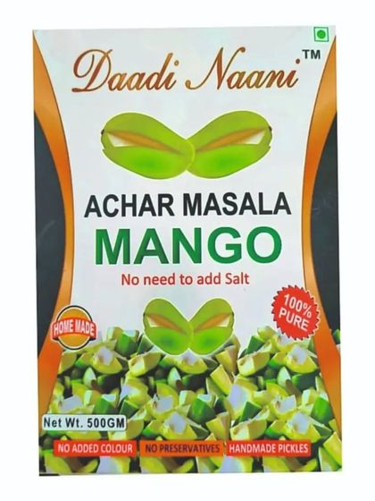 This is the packaging for my Achar Masala Mango mix. It clearly states that there's no need to add salt and it's made with 100% pure, homemade ingredients for authentic handmade pickles.