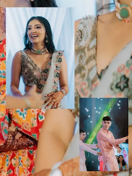 A collage showing the bride's candid moments during her Sangeet performance.