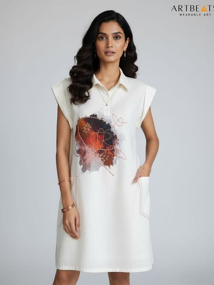 The Reverie in Red dress, a blend of calm and fire in one silhouette. This studio shot showcases the off-white serenity of the linen blend fabric framed with my bold, abstract art.