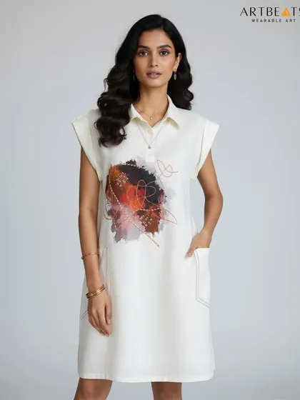 The Reverie in Red dress, a blend of calm and fire in one silhouette. This studio shot showcases the off-white serenity of the linen blend fabric framed with my bold, abstract art.