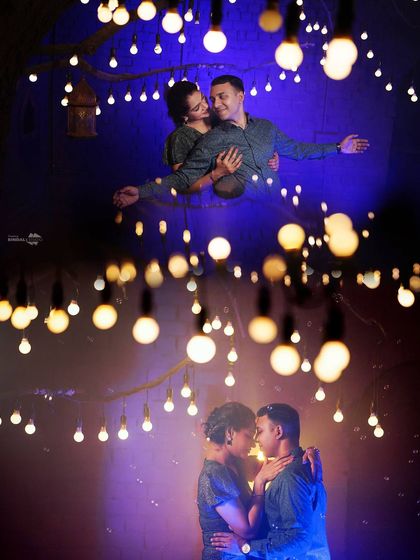 A creative collage using fairy lights to frame the couple. The top image is playful and joyous, while the bottom is intimate and romantic, showing a range of emotions.