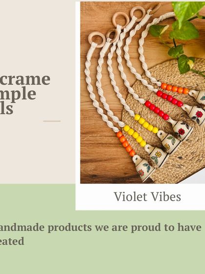 A graphic showcasing our Macrame Temple Bells. These handmade products are a beautiful addition to any sacred space, bringing serenity and elegance with their intricate design and gentle sound.