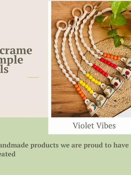 A graphic showcasing our Macrame Temple Bells. These handmade products are a beautiful addition to any sacred space, bringing serenity and elegance with their intricate design and gentle sound.