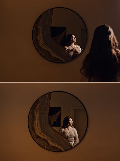 A collage of the bride looking at her reflection in a modern, artistic mirror. The play of light and shadow creates a contemplative and beautiful series of portraits.
