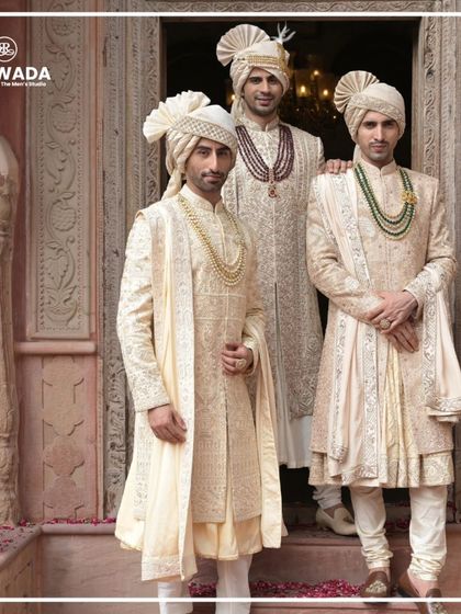 A powerful stance from three grooms in the Shauhar collection. The focus here is on the coordinated yet individual styles, perfect for a groom and his groomsmen.