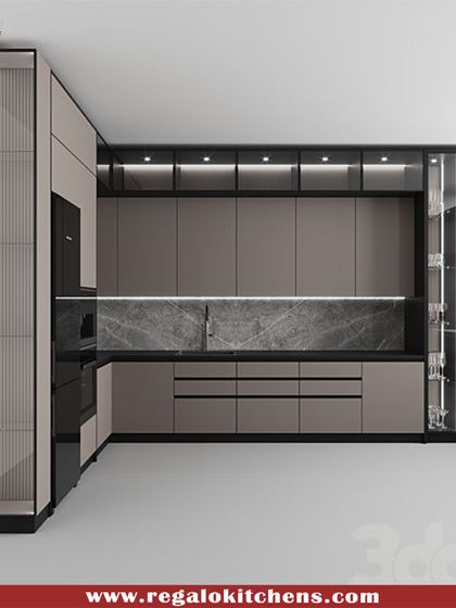 This L-shaped kitchen features a tall unit with a fluted glass display cabinet and integrated refrigerator. The combination of beige and black-framed glass creates a sophisticated look, while the marble backsplash adds a touch of luxury.