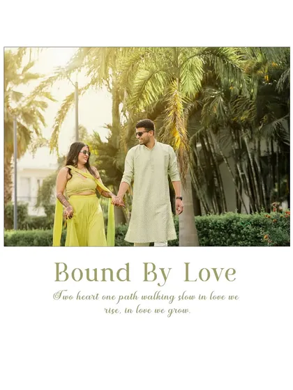 A romantic photo of a couple walking hand-in-hand during their Haldi event, framed by palm trees and golden sunlight. This image perfectly captures the warmth and love of the day.