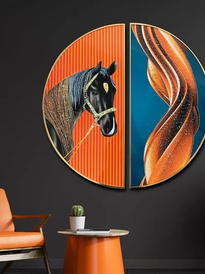 This unique two-piece crystal glass painting creates a striking image of a stallion. The bold orange and deep blue backgrounds contrast beautifully, while the crystal details on the horse's mane add a touch of symphony and style.