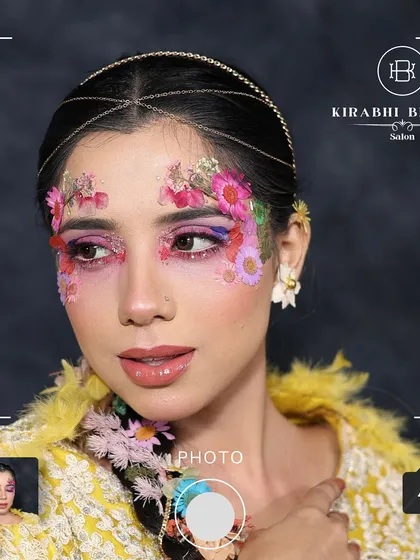 This is an example of my creative makeup work. I used real pressed flowers and vibrant pigments to create this unique, artistic look for a photoshoot, showing that makeup can be a true form of art.