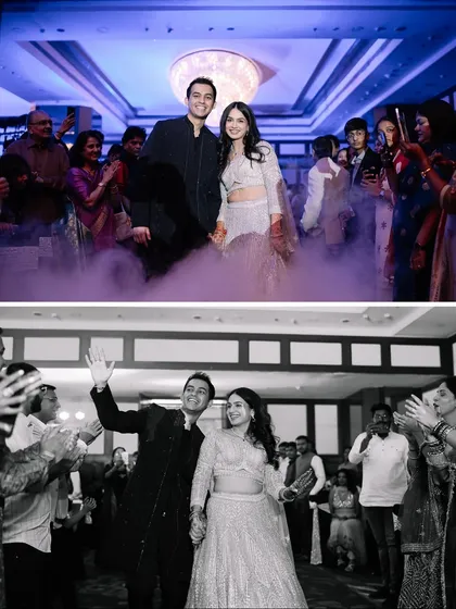 Waving to their cheering friends and family, the couple makes their way through the crowd. The energy at their reception was electric.