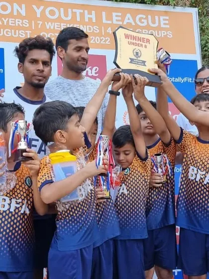 The BFA Lions Under 8 team celebrating their Silver Cup title at the Gurgaon Youth League. A fantastic achievement for these young players.