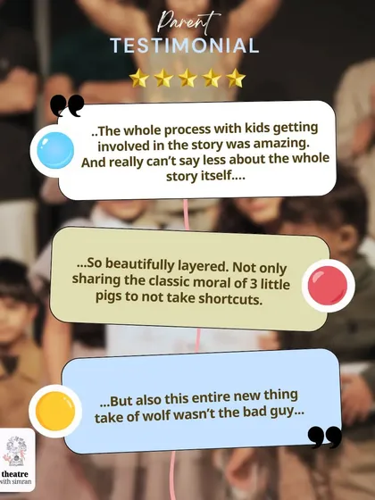 A parent testimonial praising our unique take on "The Three Little Pigs," where the wolf wasn't the bad guy.