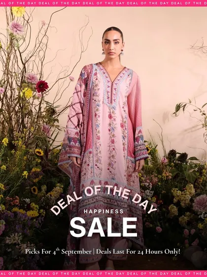 A recap of the deal of the day from the Happiness Sale. The Yamini Pink Kurta Set is a standout piece with its intricate floral and geometric embroidery.