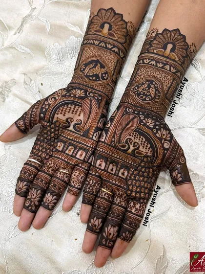 A designer mehendi created for a 'diksha' ceremony at Iskcon. It features beautiful peacocks and lotus flowers, perfect for a spiritual occasion.