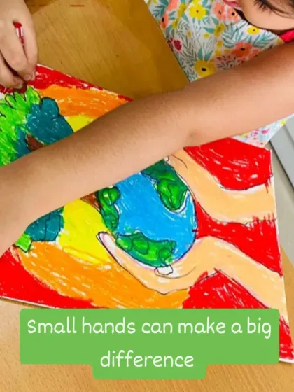 Art can also be about expressing important ideas. For our "Save Earth" theme, this young artist used bright colors to create a powerful image about caring for our planet, showing that even small hands can share a big message.