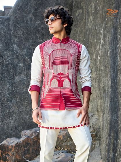 This outfit is a testament to architectural design in fashion. The striking red embroidered vest over a simple white kurta creates a powerful and sophisticated look for any formal desi function.