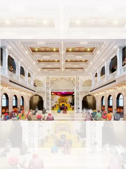 The main prayer hall at Tilak Nagar Gurudwara in Delhi, designed to be a sanctuary of peace. Our design uses soaring arches, detailed coffered ceilings, and soft, layered lighting to create a space that is both grand and deeply tranquil for the congregation.