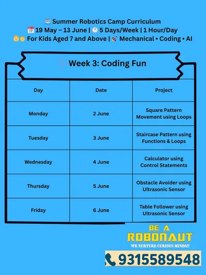 Here's the curriculum for Week 3 of our Summer Robotics Camp. It's all about coding fun, with projects like square pattern movement, calculators, and obstacle avoiders.