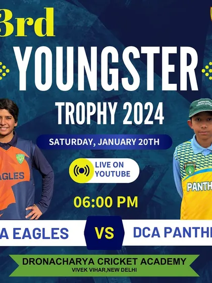 The match-day poster for an evening fixture between DCA Eagles and DCA Panthers.