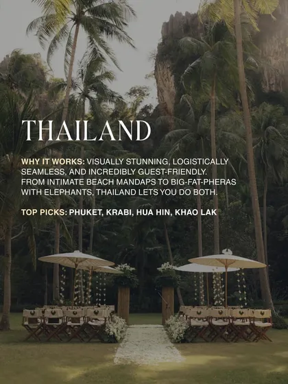 Why Thailand? It's visually stunning, logistically seamless, and incredibly guest-friendly. From intimate beach mandaps to big-fat-pheras with elephants, Thailand lets you do both.