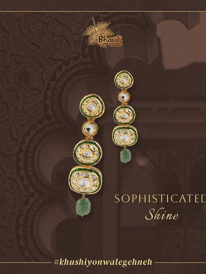 Make a statement with our exquisite long earrings, handcrafted with Kundan and Meenakari. The design is further adorned with shimmering pearls, diamonds, and a lustrous Moti stone for a sophisticated shine.