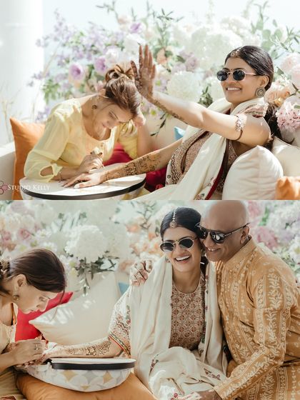 A collage of heartwarming moments from the Mehendi, including the bride with her father and her getting her henna done.