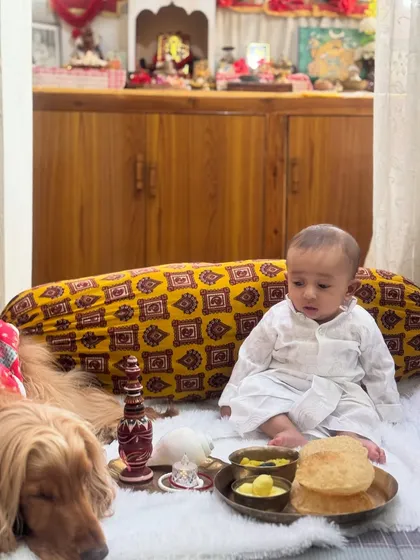 The festive setup for Bengali New Year, with Posto patiently waiting for his meal.