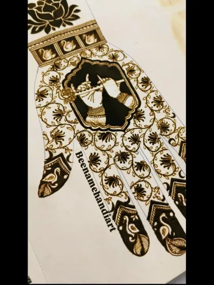 A sketch of Krishna's hands holding a flute, framed beautifully on the palm. The fingertips are decorated with peacock motifs.