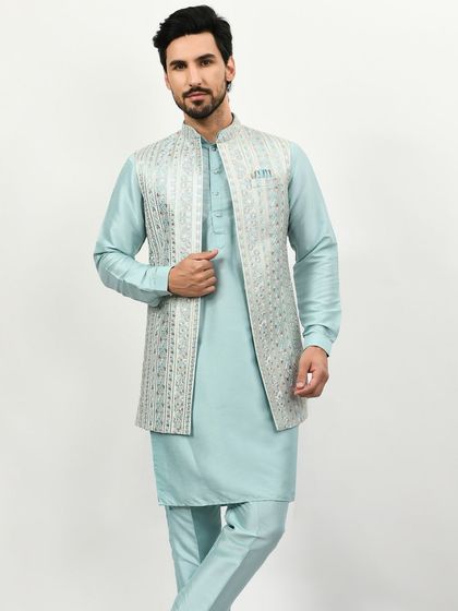 Last minute invite? The answer is a Kurta Pajama Jacket. This light blue set with a silver embroidered jacket is stylish, comfortable, and budget-friendly.