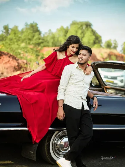 A classic love story with a vintage Chevrolet. The combination of the iconic car and the couple's romantic poses creates a timeless and cinematic pre-wedding photograph.