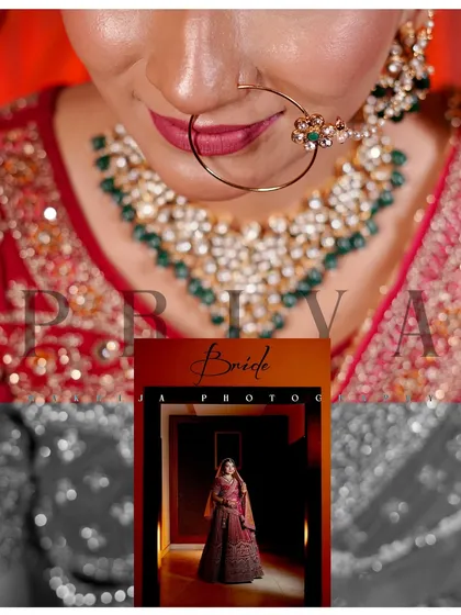 This artistic bridal collage combines a close-up of the bride's jewelry with a full-length shot. It's a modern approach to highlighting the important details of the bridal look.