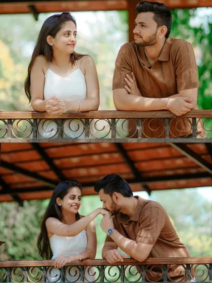 A collage of sweet, romantic moments in a gazebo. It captures the couple sharing glances and a gentle kiss on the hand.